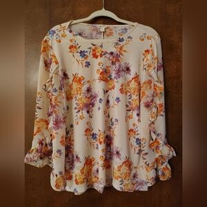 Cato Cream Floral Blouse with Ruffle Sleeves